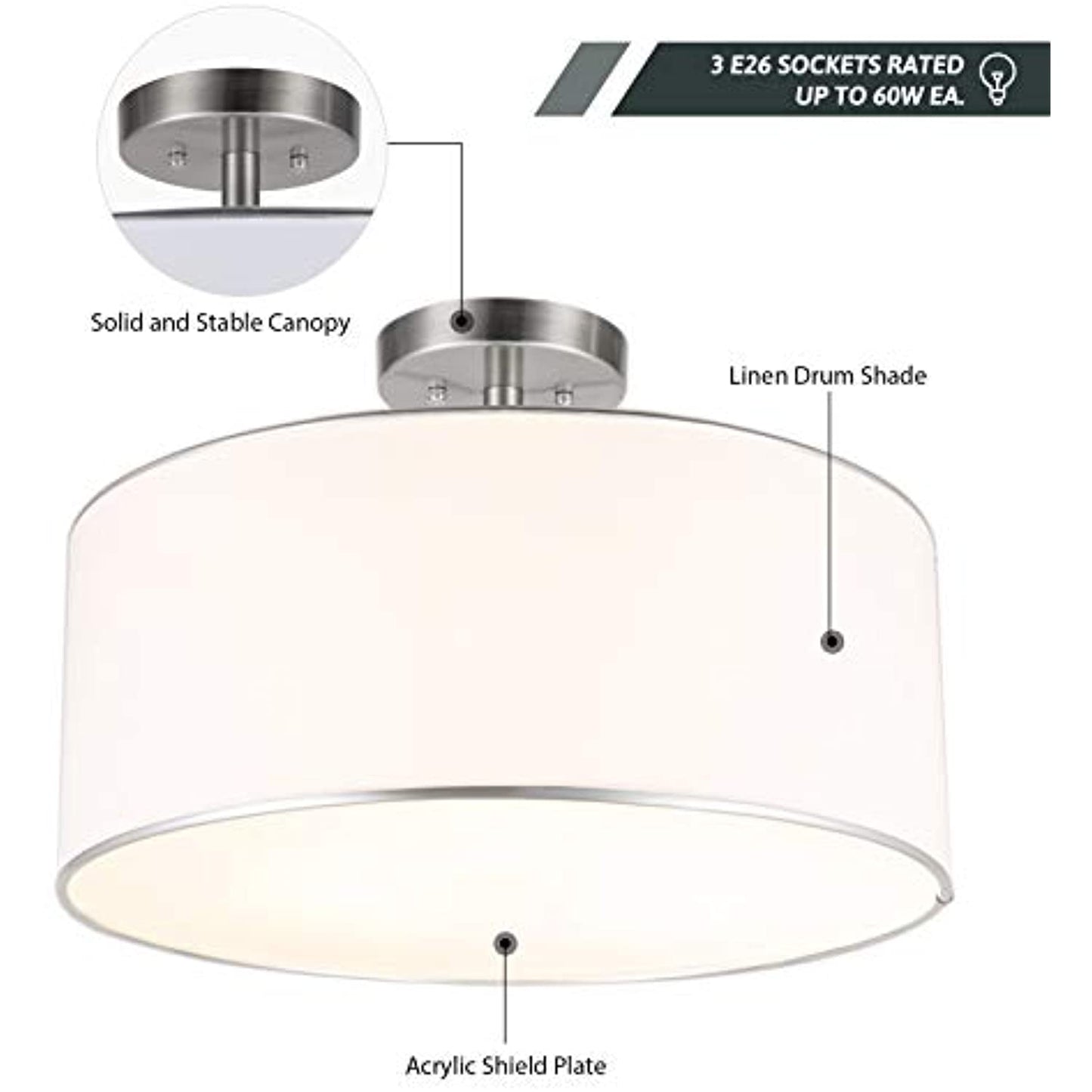 CO-Z 18" Brushed Nickel 3 Light Drum Chandelier with Diffused Shade -SOLD AS IS-