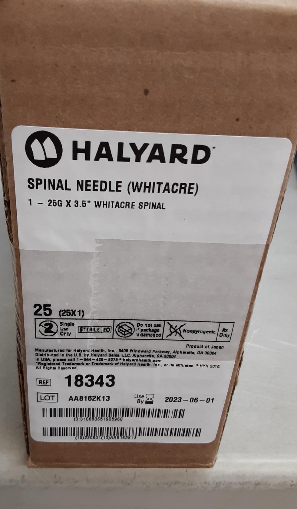 Halyard Health (Pack of 25) Spinal Needle (whiteacre) 25G x 3.5" - 18343
