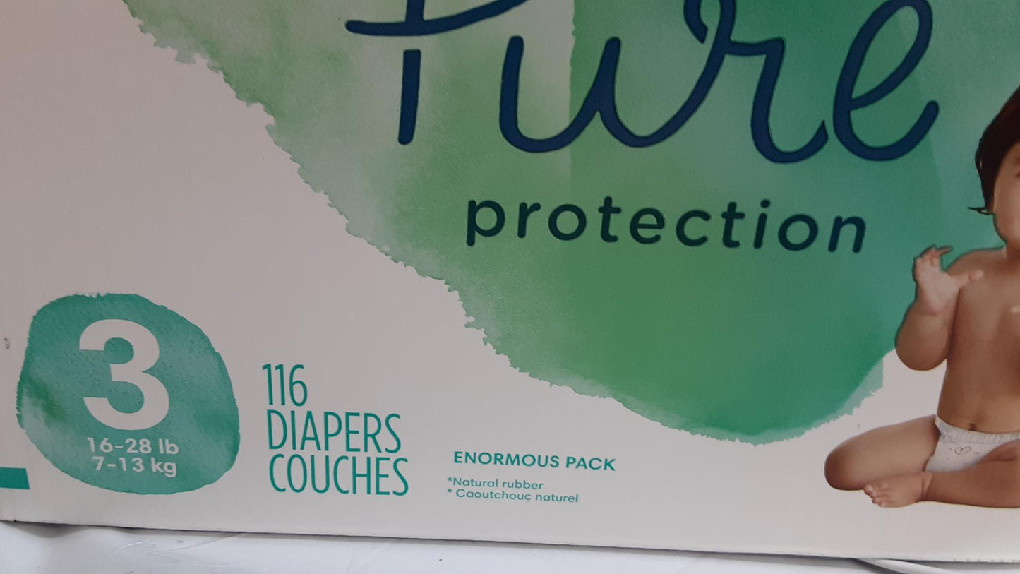 Diapers Size 3, 116 Ct Disposable Pampers Pure Protection, Plant based liner