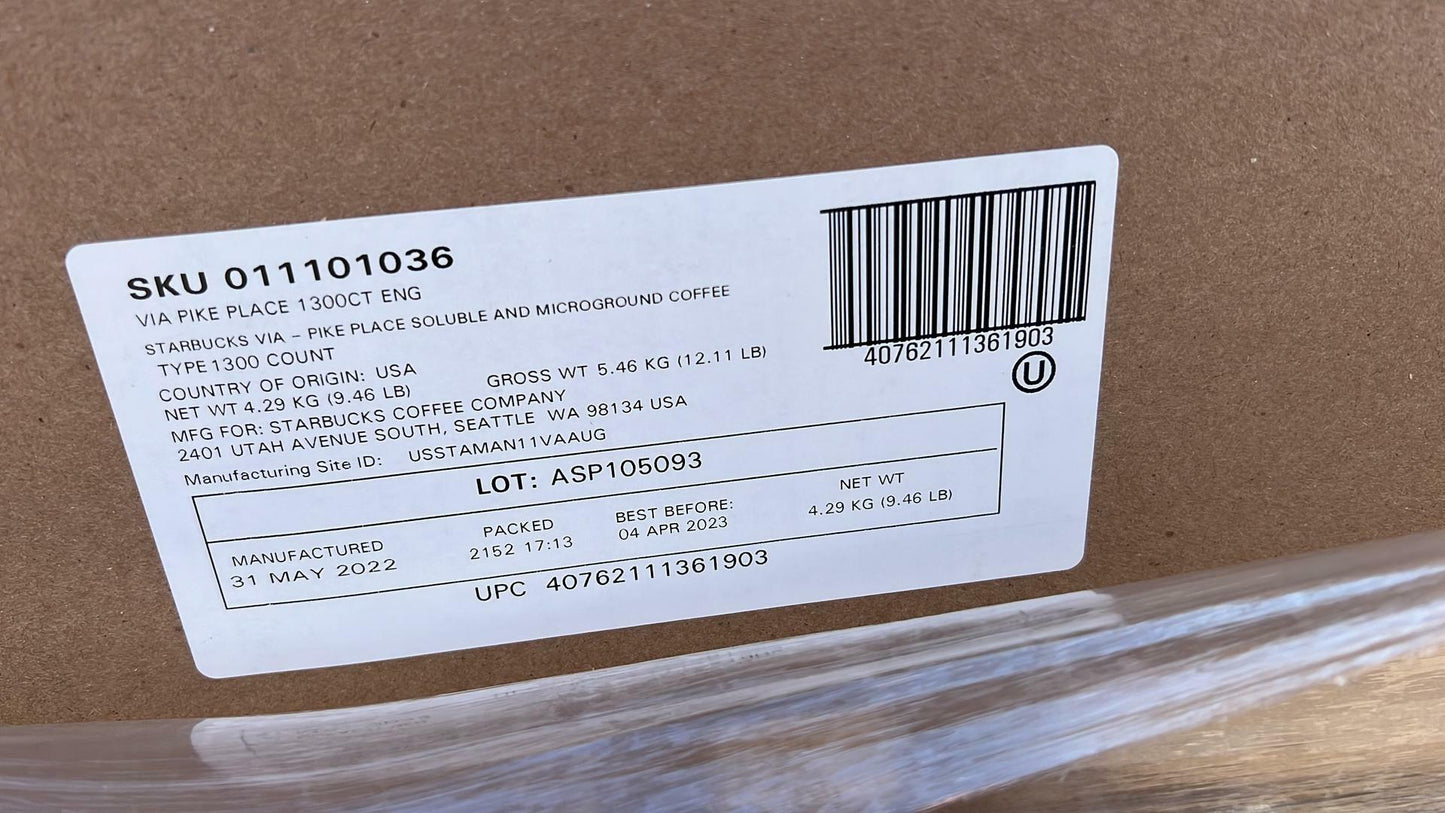 Starbucks Via Instant Pike Place Coffee Medium Roast 1,300 Packets Box