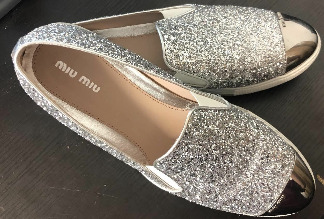 MIU MIU Silver Glitter Metal Toe Slip-On Loafers Women Size 40.5