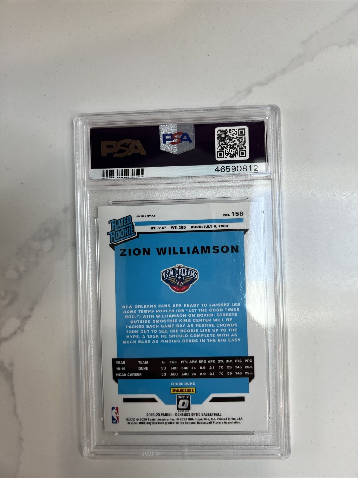 2019-20 Donruss Optic Holo Prizm #158 Zion Williamson Pelicans RC Rookie PSA 10