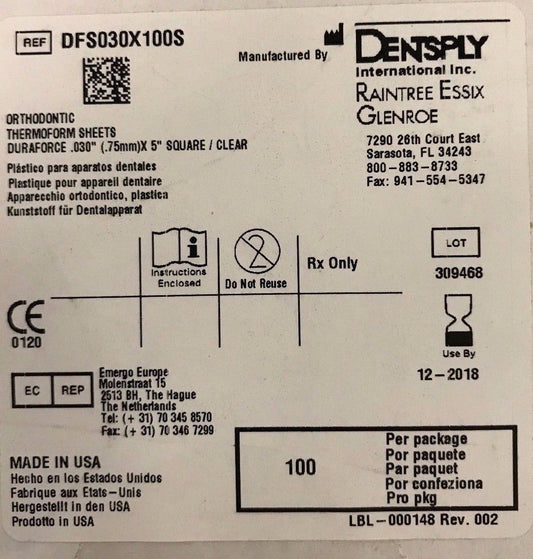 Dentsply Duraforce Sheets 5"x5" .030 Pkg Of 100 DFS030X100S EXP 12/2018