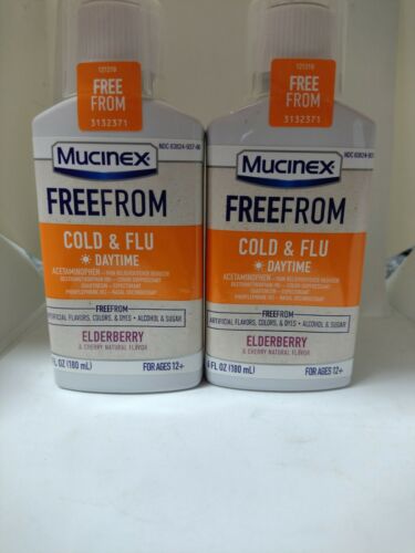 Lot of 2 Mucinex Free From Cold & Flu Daytime, Elderberry - 6 Oz Each (Exp 5/22)