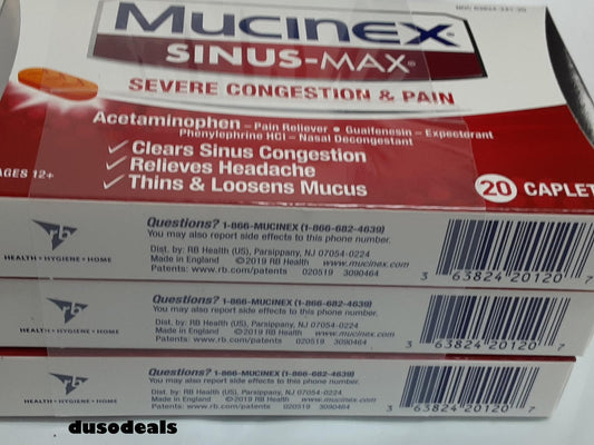 Mucinex Sinus-Max Severe Congestion & Pain 20 caplets (Lot of 3) NEW EXP 4/2023