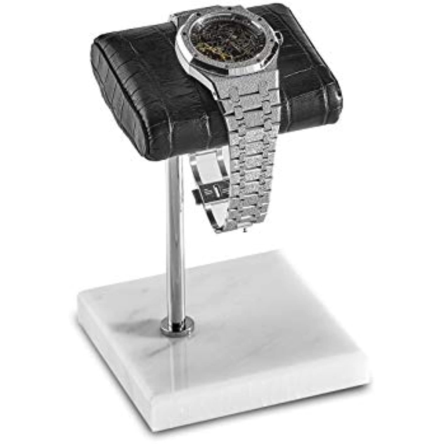 Watch Stand - Crocodile Black Leather & White Marble Watch Stand with Gift Box