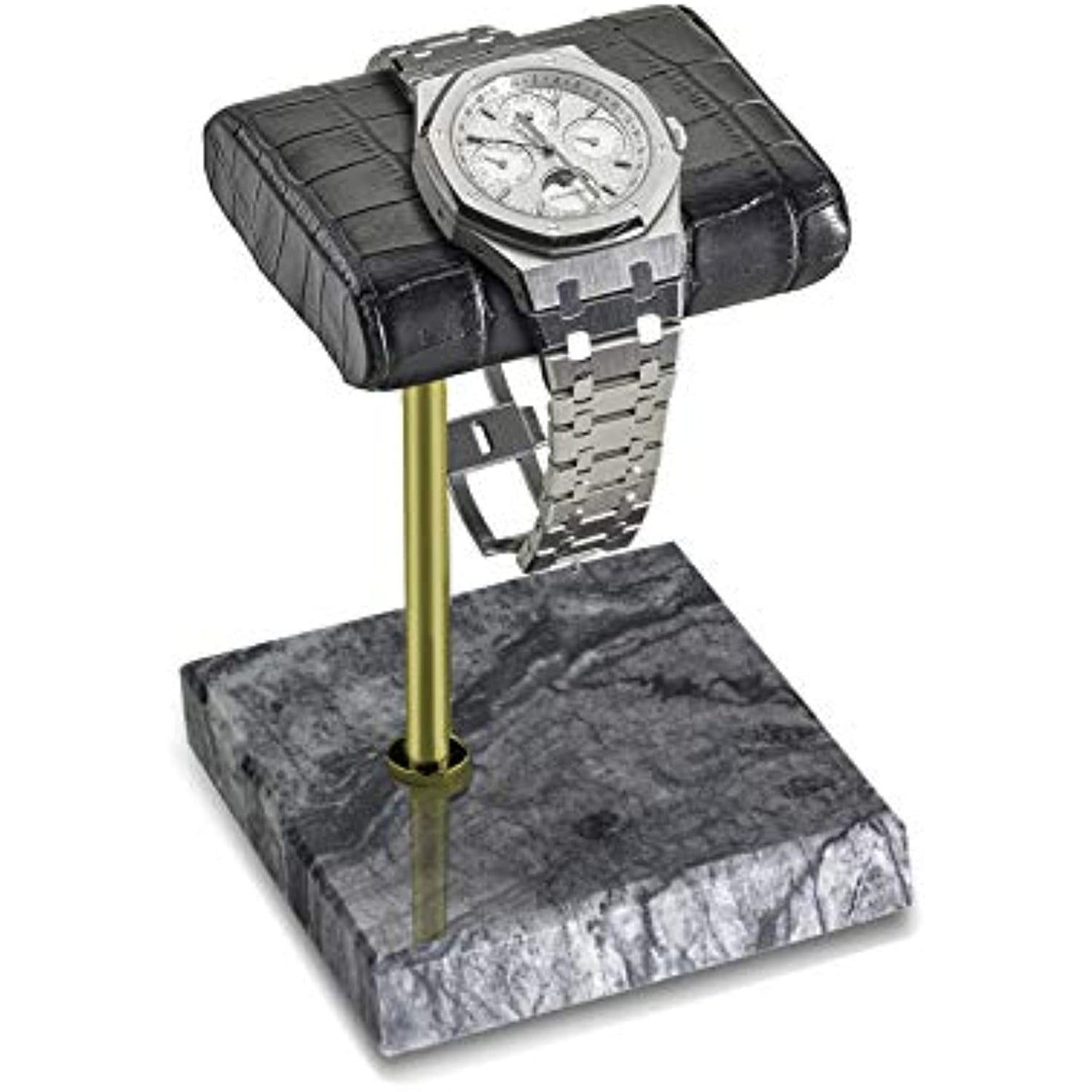 Watch Stand - Crocodile Black Leather & Grey Marble Watch Stand with Gift Box