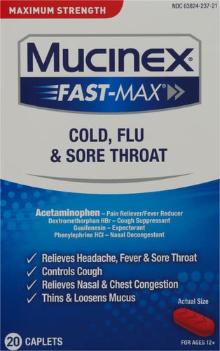 Mucinex Fast-Max Cold, Flu, & Sore Throat Caplets, 20ct EXP 9/23 Open Box