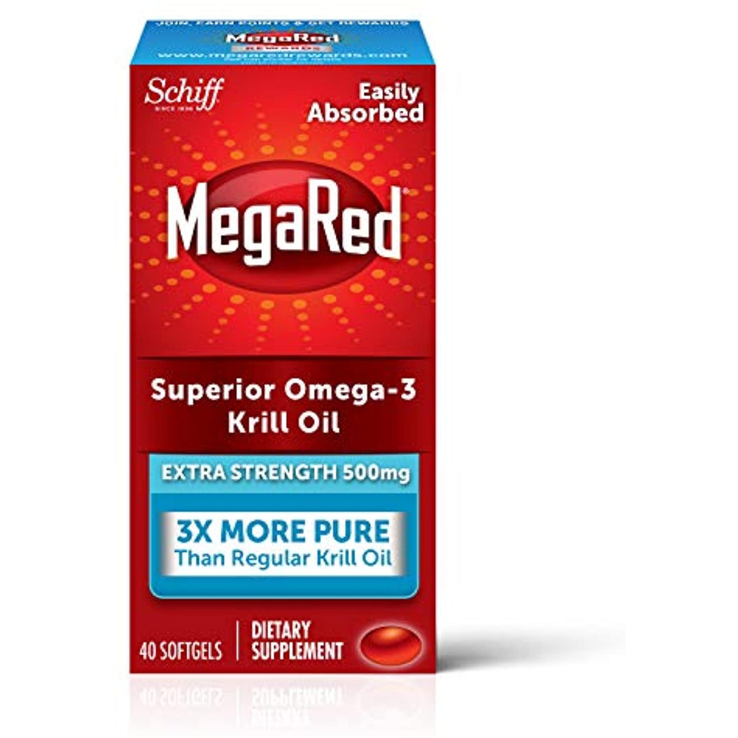 Omega-3 Krill Oil 500mg - Megared Extra Strength softgels (40 count in a Box) - Krill Oil No fishy aftertaste