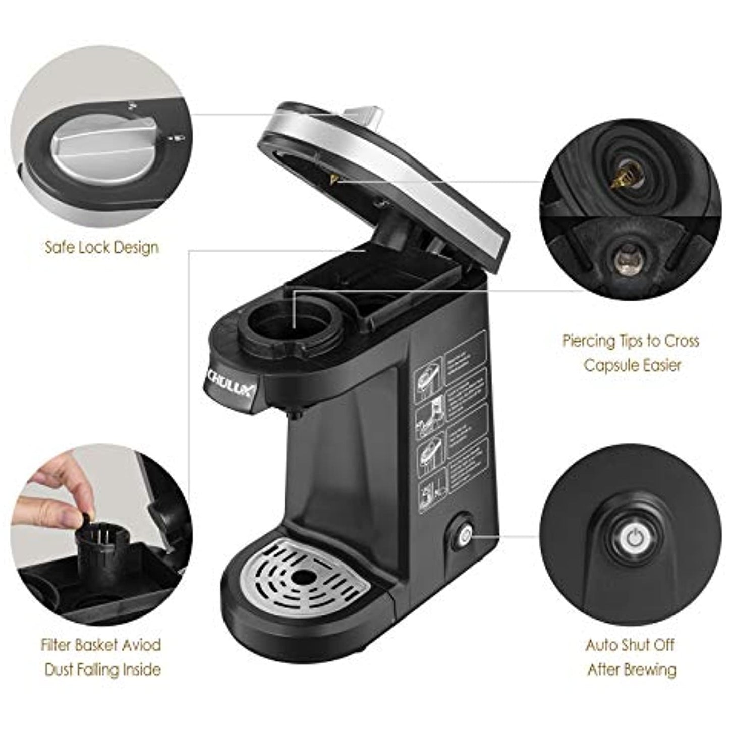 CHULUX Single Kcup Serve Coffee Maker Brewer with 12 Oz Reservoir, Black *USED*