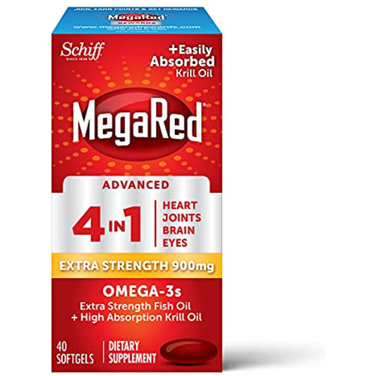 MegaRed Advanced 4in1 Softgels - Omega-3 Fish & Krill Oil Supplement 900mg (40 Count In A Box), 2x More Omega-3, Heart, Joint, Brain and Eye Supplement