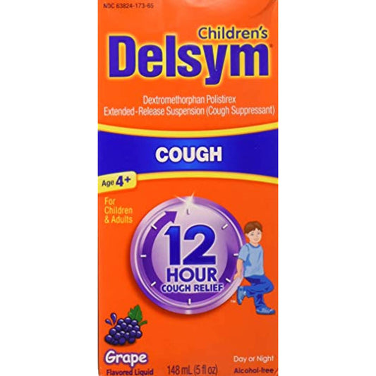 Delsym 12 Hour Cough Relief Alcohol Free Grape Flavored Liquid Cough Suppressant, 5 Fl Oz (Pack of 2)