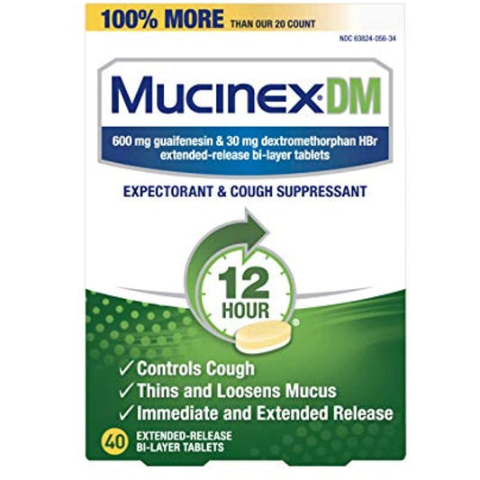 Mucinex Cough Suppressant and Expectorant, DM 12 Hr Relief Tablets, 600 mg, Multicolor, 40 Count