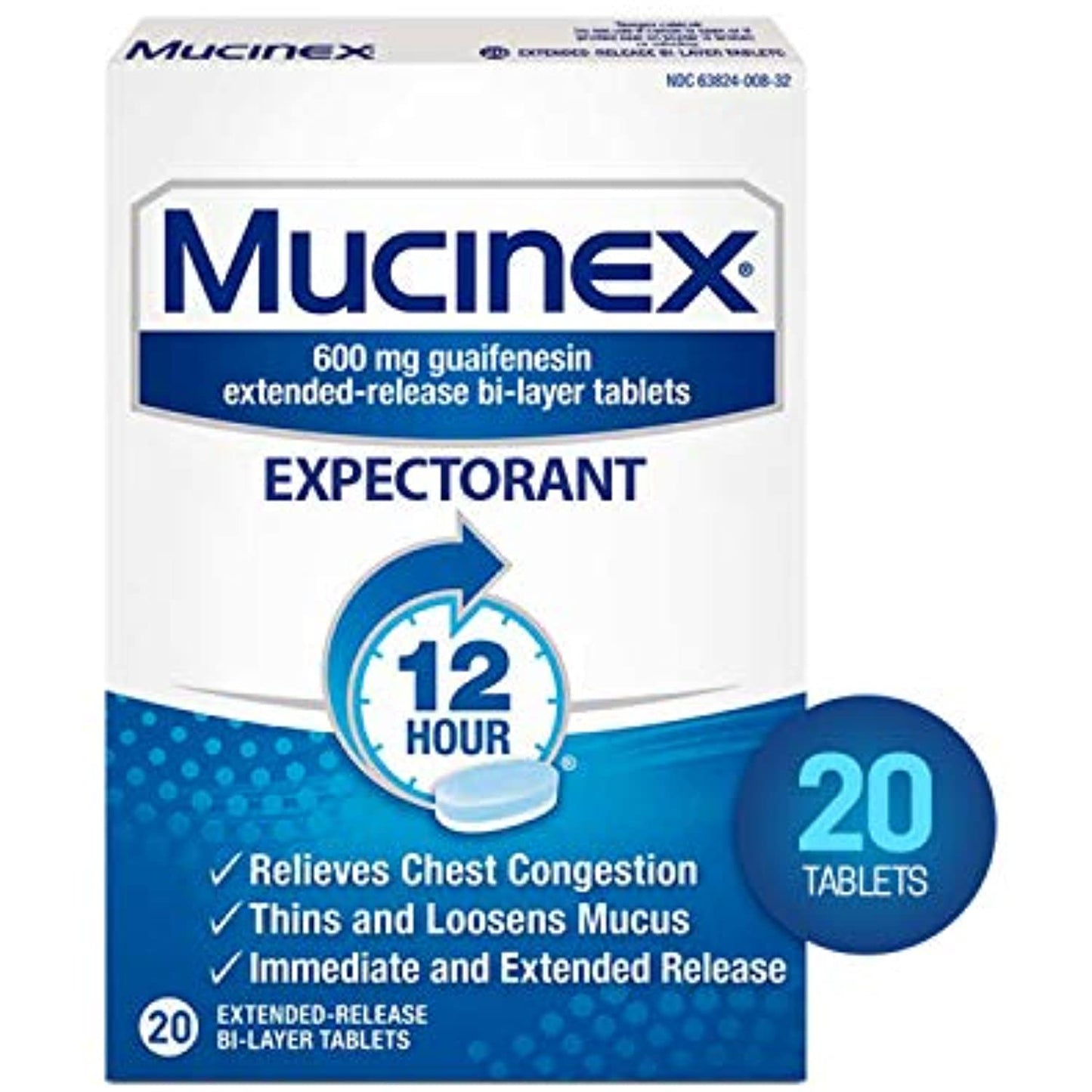 Chest Congestion, Mucinex Expectorant 12 Hour Extended Release Tablets, 20ct, 600mg Guaifenesin with Extended Relief of Chest Congestion Caused by Excess Mucus. Thins and Loosens Mucus