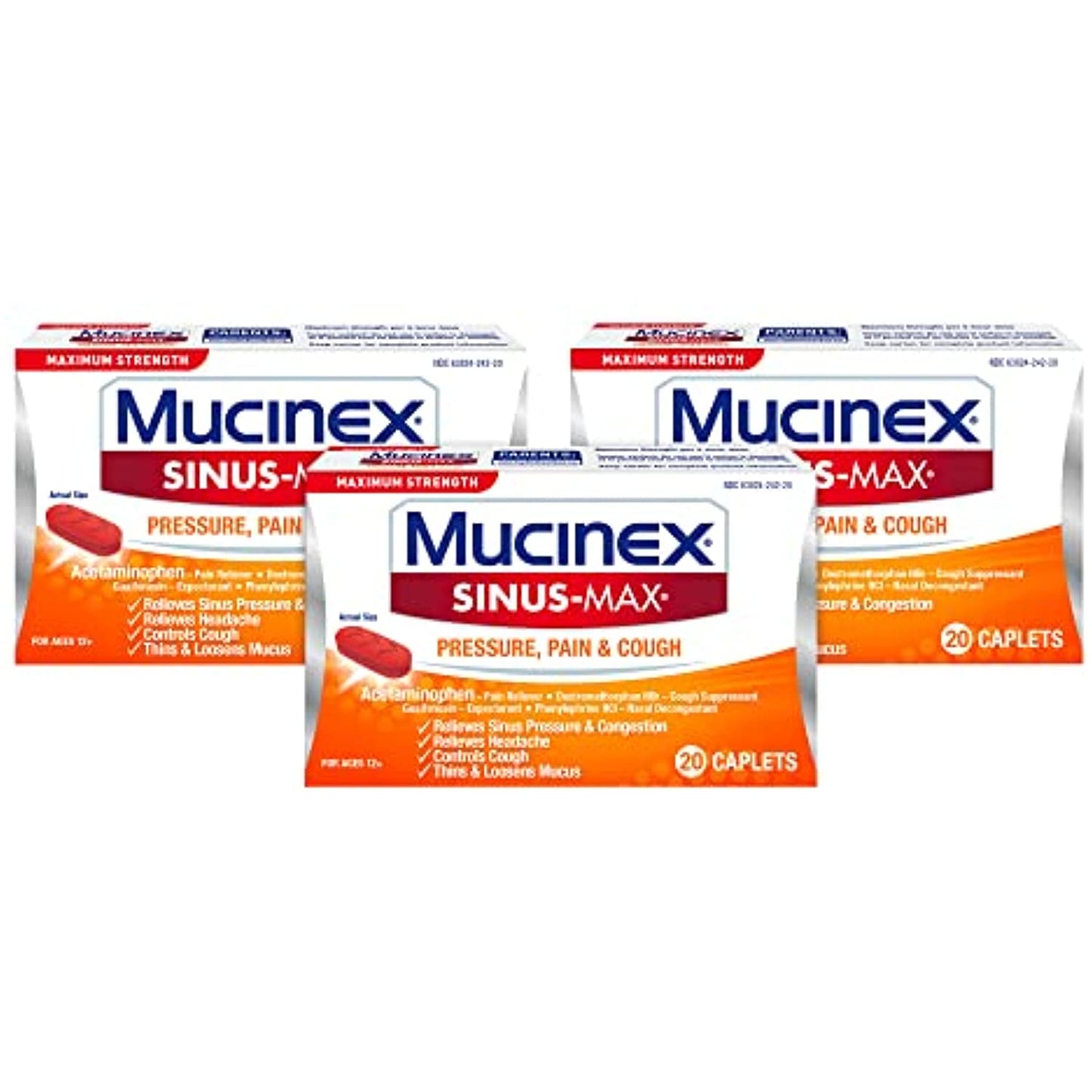 Maximum Strength Mucinex Sinus-Max Pressure and Pain Caplets, 20 Count Relieves Sinus Pressure & Congestion, Headache & Fever, and Thins & Loosens Mucus (Pack of 3)