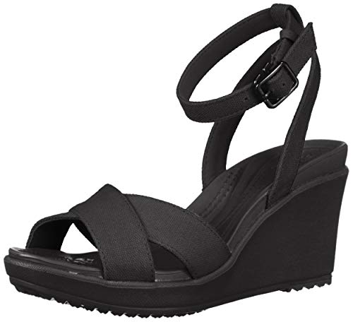 Crocs Women's Leigh II Cross-Strap Ankle Wedge Sandal, Black/Black, 7 M US
