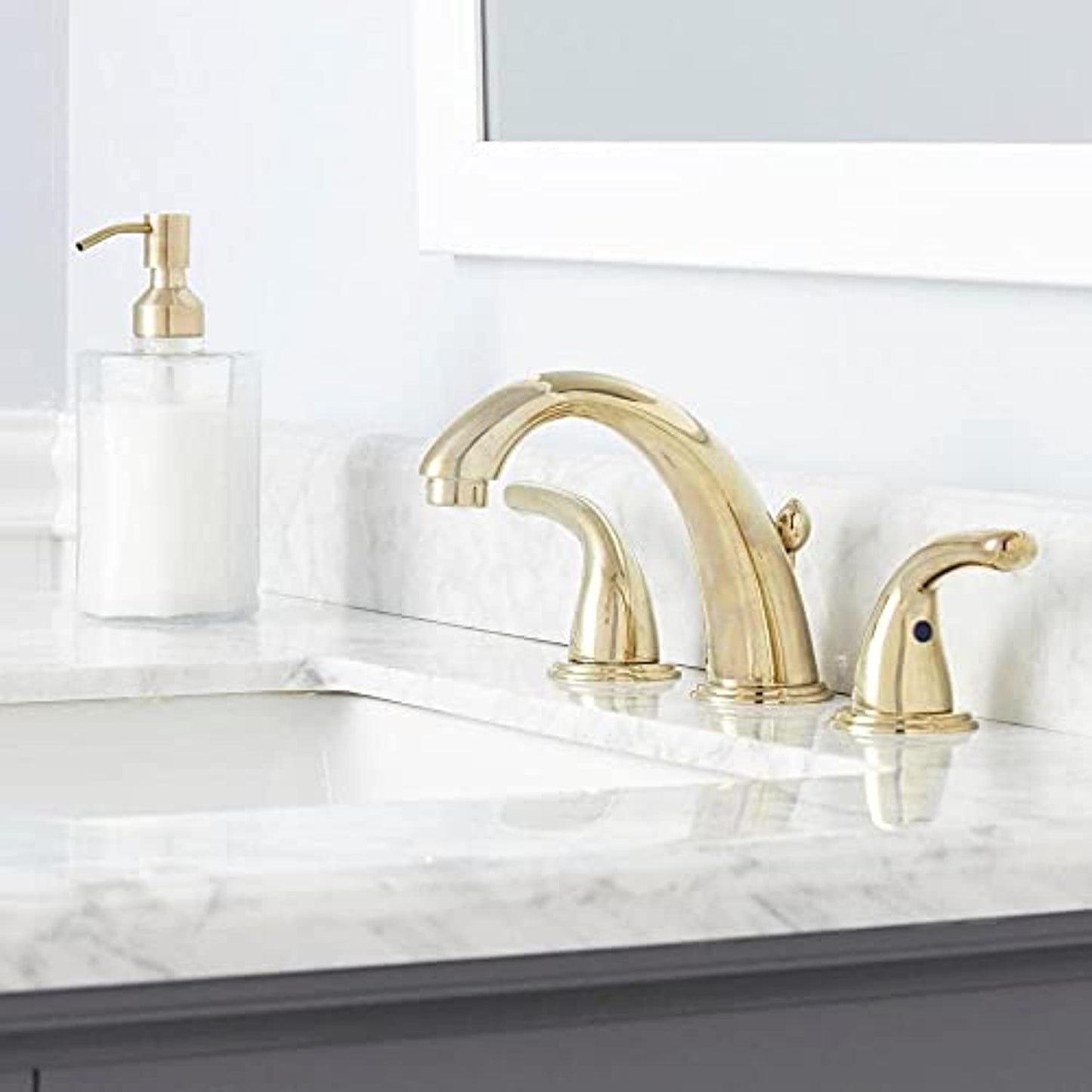 Builders 8 in. Widespread 2-Handle High-Arc Bathroom Faucet in Polished Brass