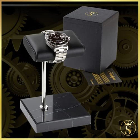 Watch Stand - Black Leather & Marble Watch Stand with Gift Box