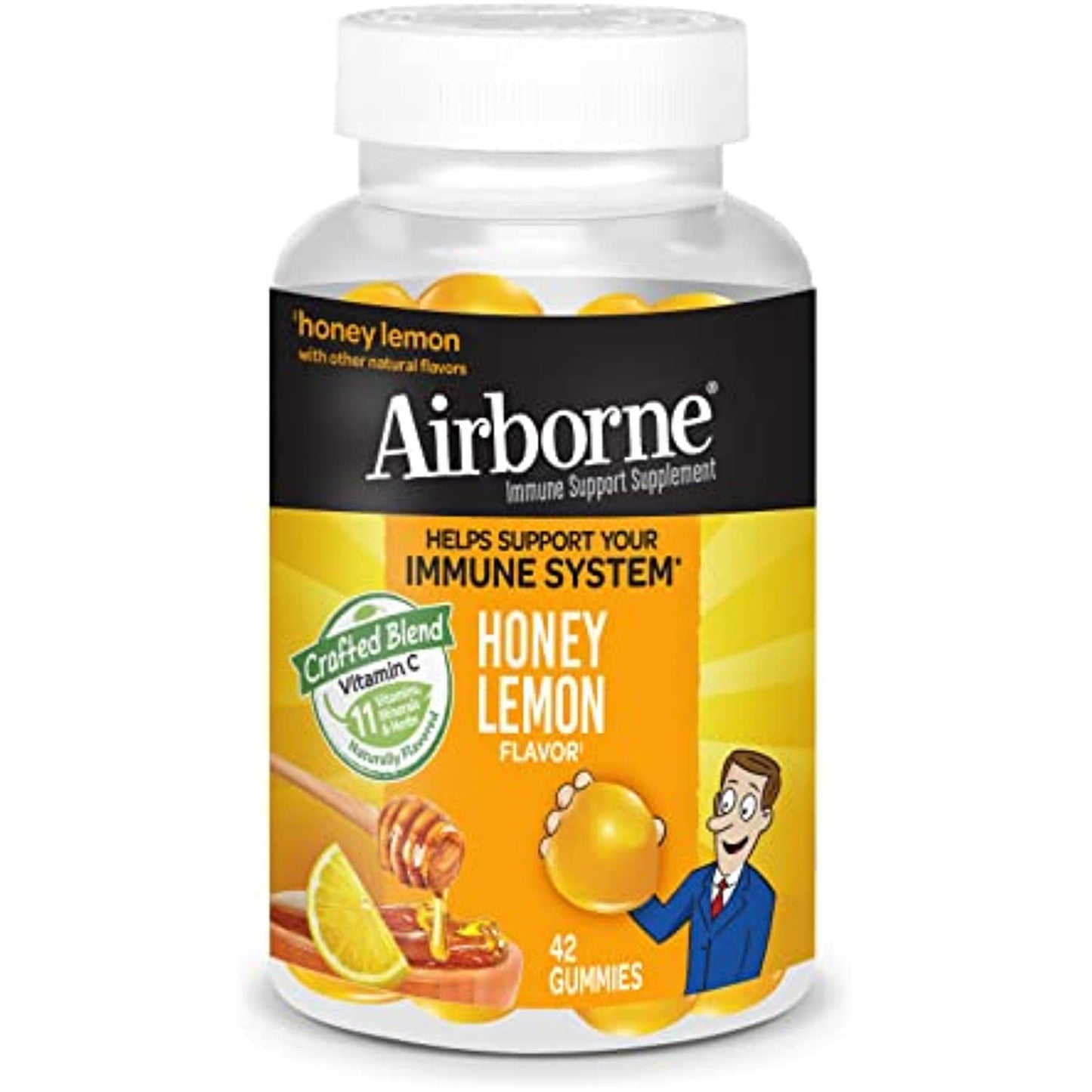 Vitamin C 200mg (per serving) – Airborne Honey Lemon Gummies (42 count in a bottle), Gluten Free Immune Support Supplement With Vitamins A C D E, Zinc, Selenium, Echinacea, Ginger, Antioxidants