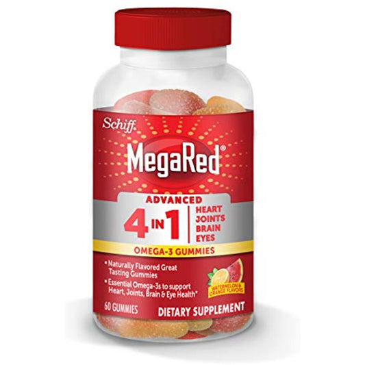 Omega-3 Advanced 4in1 Watermelon & Orange Flavored Gummies, MegaRed (60 Count in A Bottle), Omega-3s for Heart, Joints, Brain & Eye Health*, EPA, DHA, Fish Oil