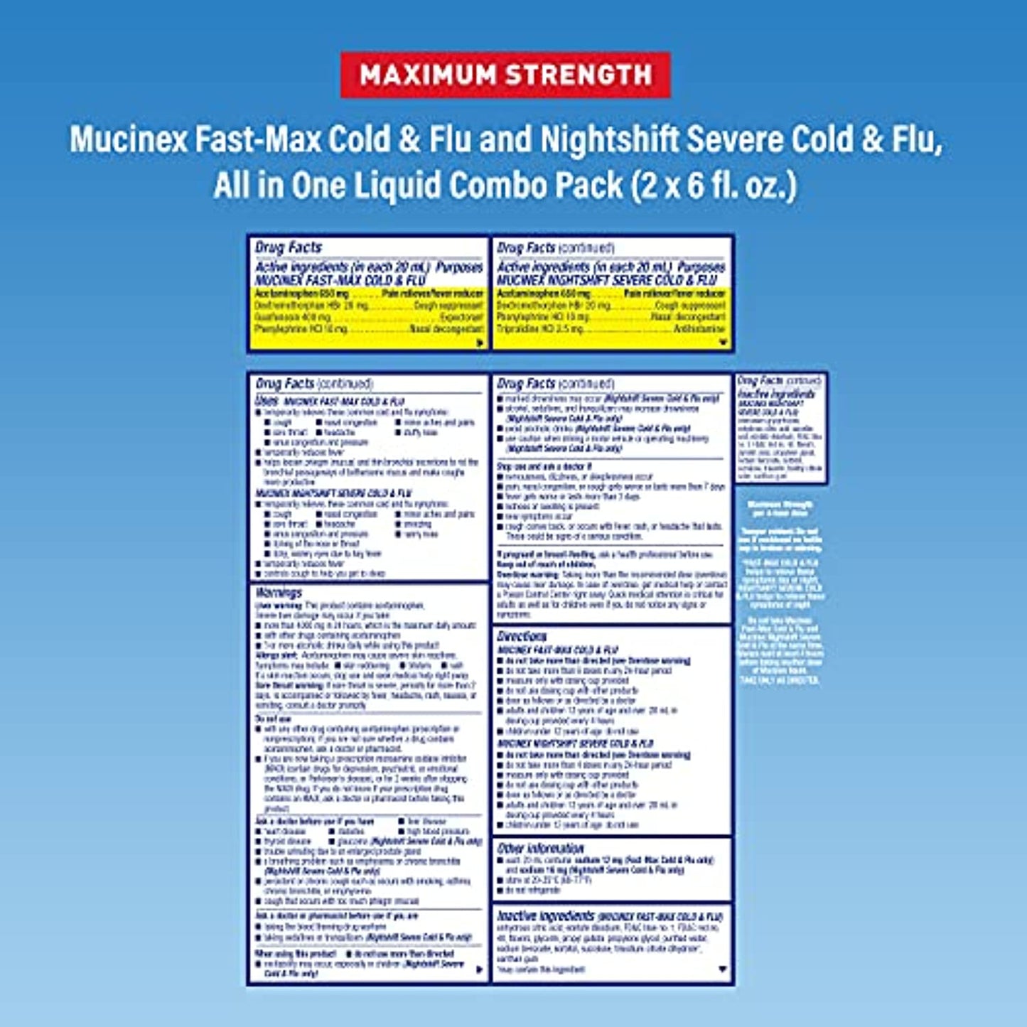 Mucinex Maximum Strength Fast-Max Cold & Flu and Nightshift, All-in-One Multi Symptom Relief Liquid, 6 Fl Oz (Pack of 2)