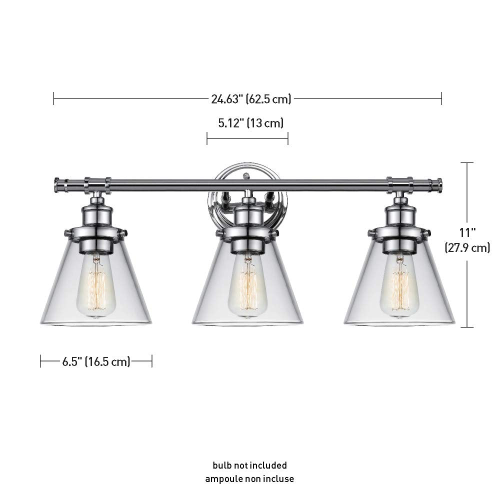 Globe Electric 51234 Parker 5-Piece All-In-One Bathroom Set, Chrome, 3-Light Vanity Light with Clear Glass Shades, Towel Bar, Towel Ring, Robe Hook, Toilet Paper Holder