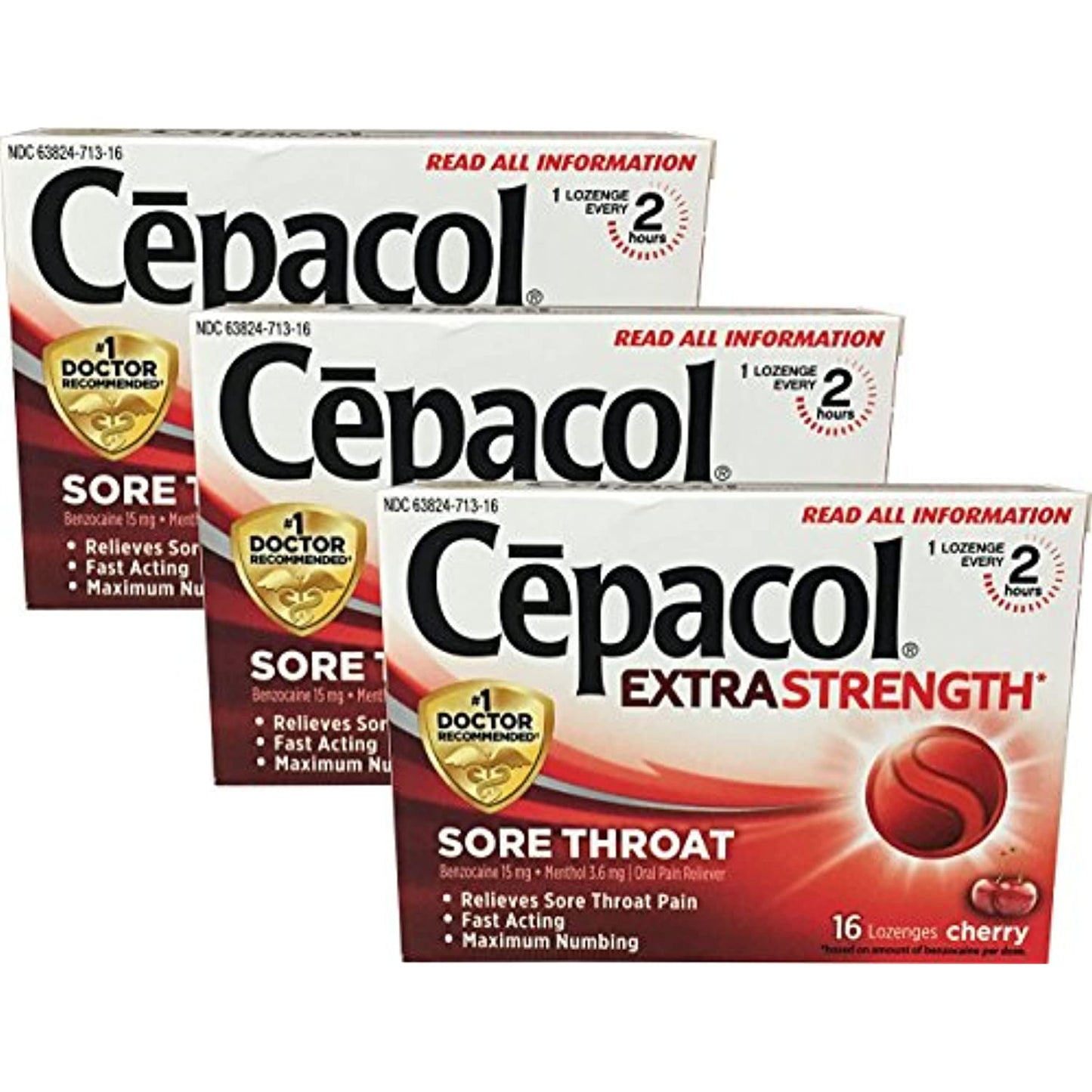 Cepacol Extra Strength Sore Throat, 16 Lozenge, 3-pack, Cherry EXP 7/22 Box