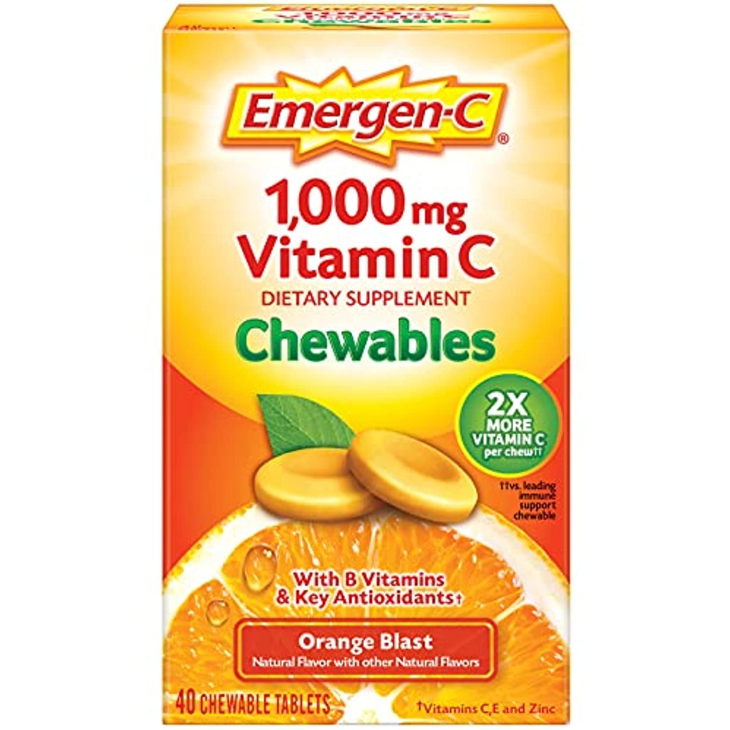 Emergen-C Chewable Vitamin C 1000mg, With B Vitamins And Antioxidants Tablet (40 Count, Orange Blast Flavor), Dietary Supplement