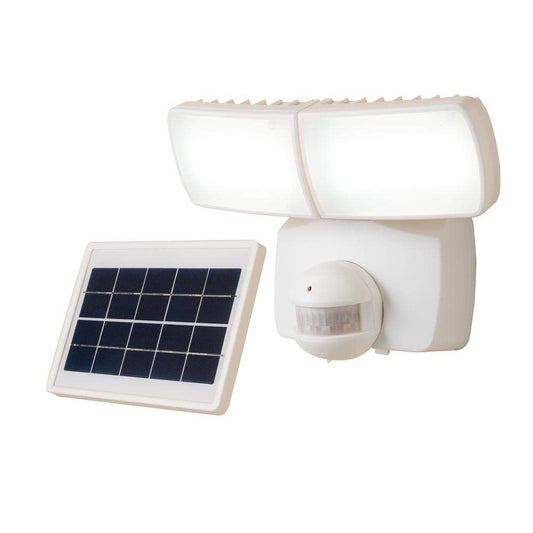 Defiant 180-Degree White 90-Watt Equivalent Motion Activated Outdoor Solar Powered Integrated LED Twin Head Flood Light