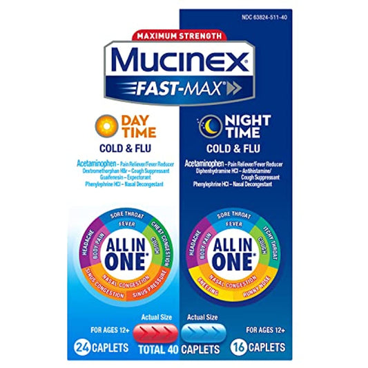 Mucinex Fast-Max Maximum Strength Cold & Flu Day and Night Medicine, 40 Count