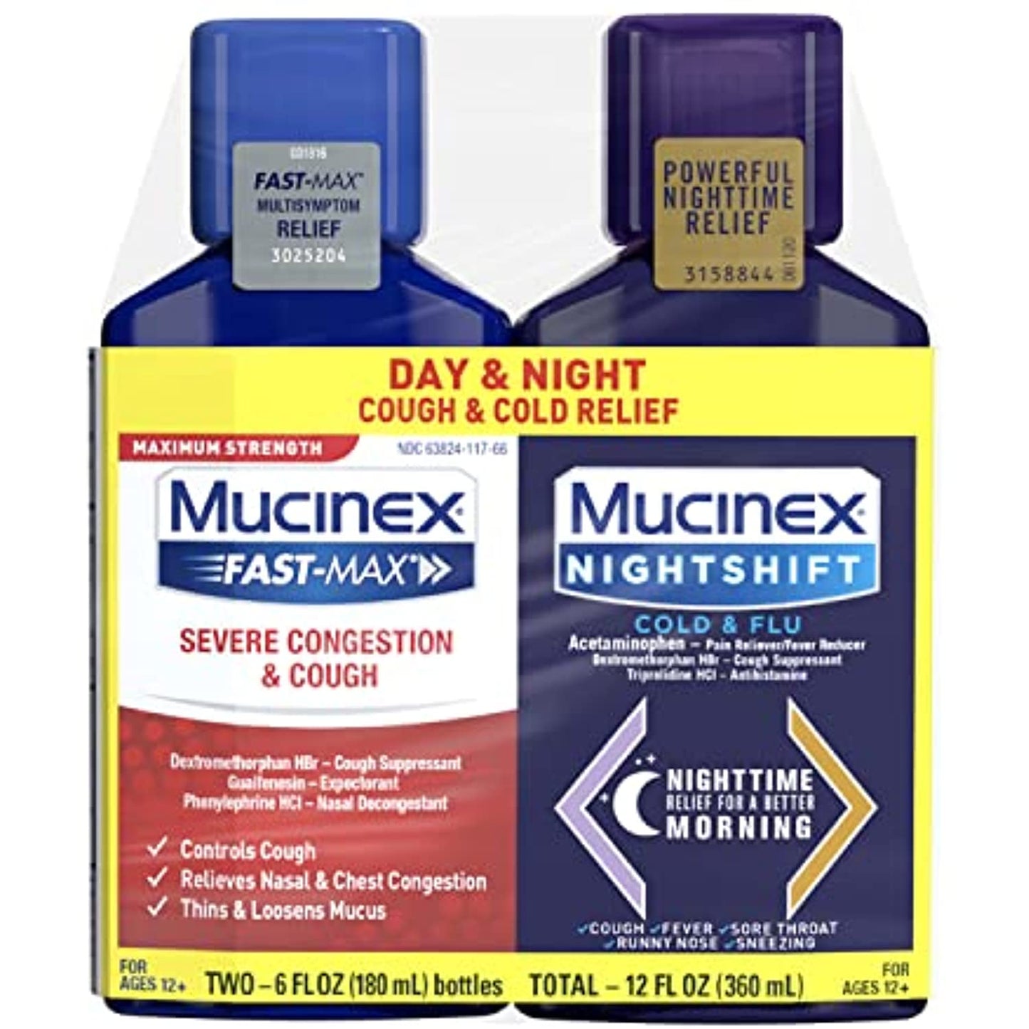 Mucinex Maximum Strength Severe Congestion & Cough & Nightshift Cold & Flu Liquid For Multi-Symptom Relief, 6 Fl Oz (Pack of 2)