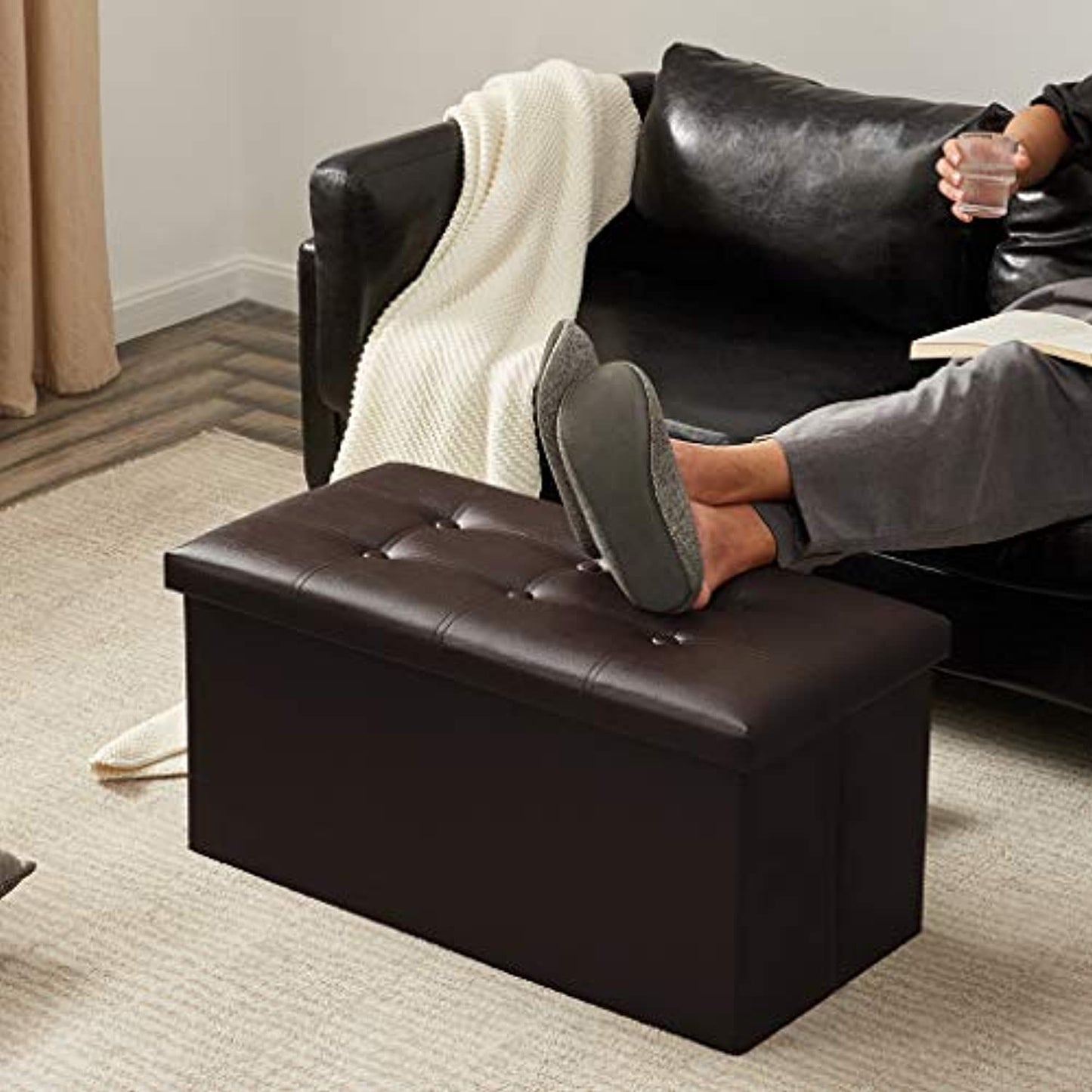 YOUDENOVA Faux Leather Black Storage Ottoman- NEW- OPEN BOX