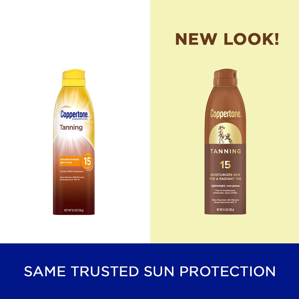 Coppertone Tanning Sunscreen Spray, Water Resistant Spray Sunscreen SPF 15, Broad Spectrum SPF 15 Sunscreen, 5.5 Oz Spray