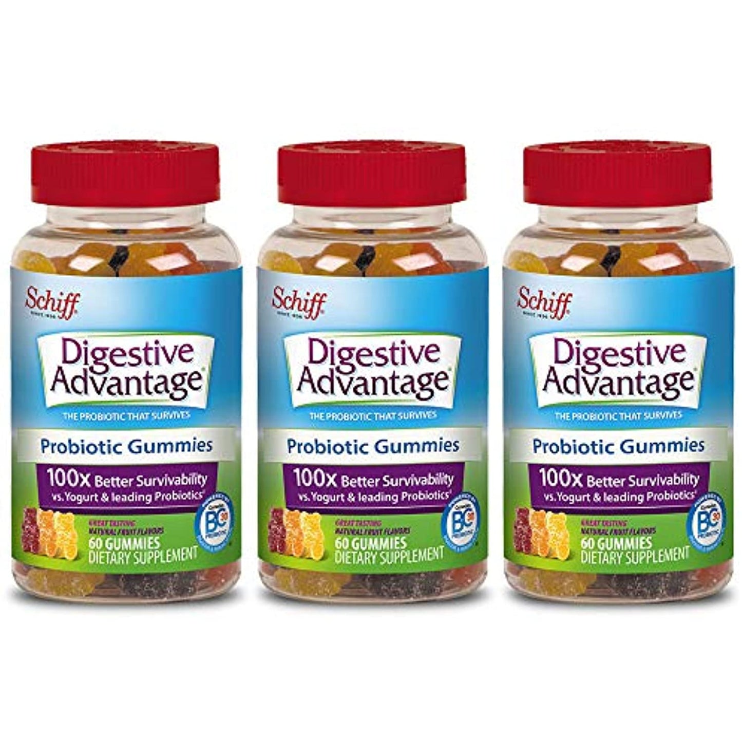 Digestive Advantage Probiotic Gummies- Prevents Occasional Gas, Bloating & Diarrhea For Digestive and Immune Health, 60 Count (Pack of 3) Natural Fruit Flavor