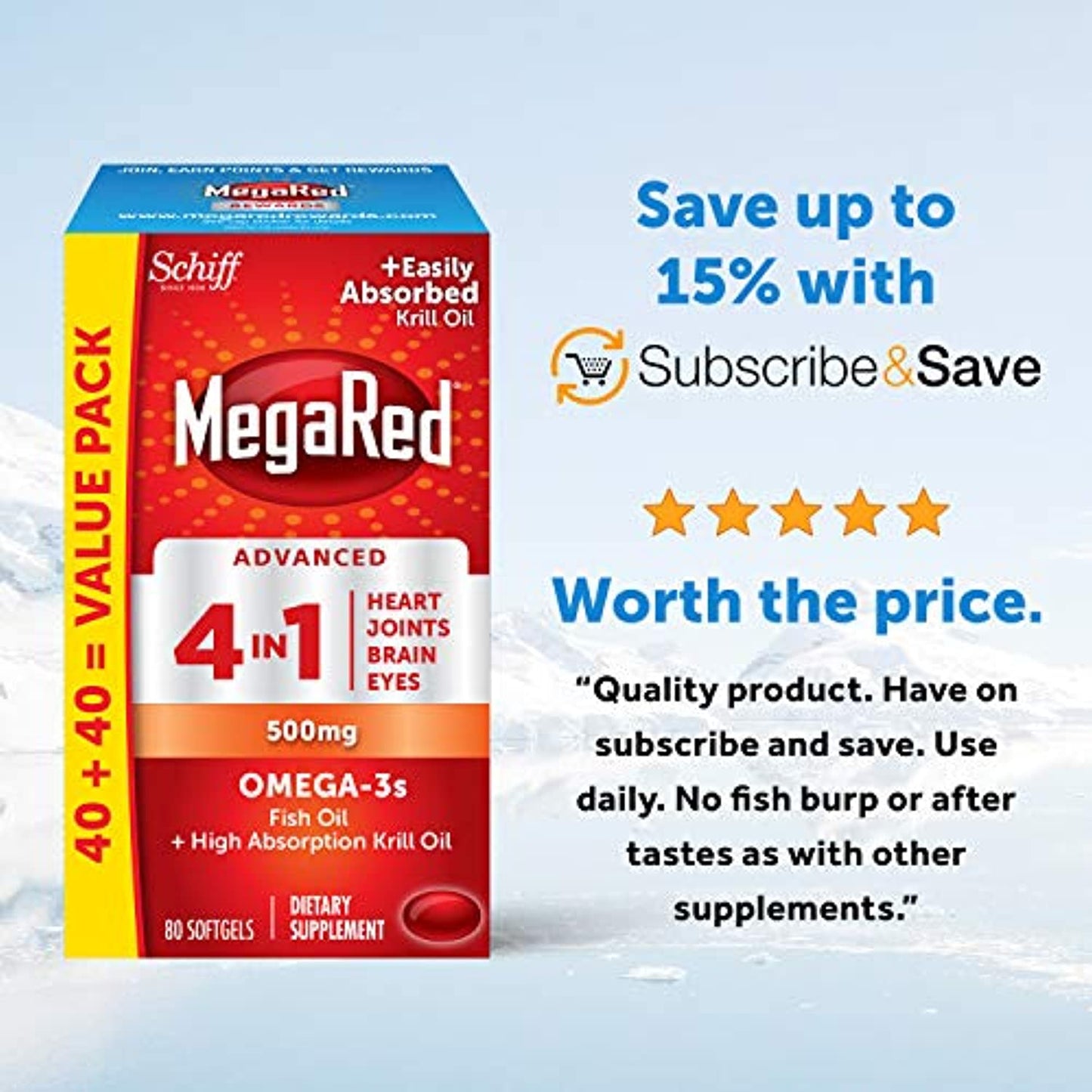 Megared Advanced 4in1 Softgels - Omega-3 Fish Oil + High Absorption Krill Oil Supplement 500mg (80 Count In A Bottle), Concentrated Omega-3 Fish & Krill Oil Supplement