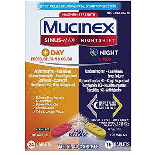 Mucinex Maximum Strength Sinus-Max Pressure, Pain & Cough & Nightshift Sinus Caplets, Fast Release, Powerful Multi-Symptom Relief, 40 Count