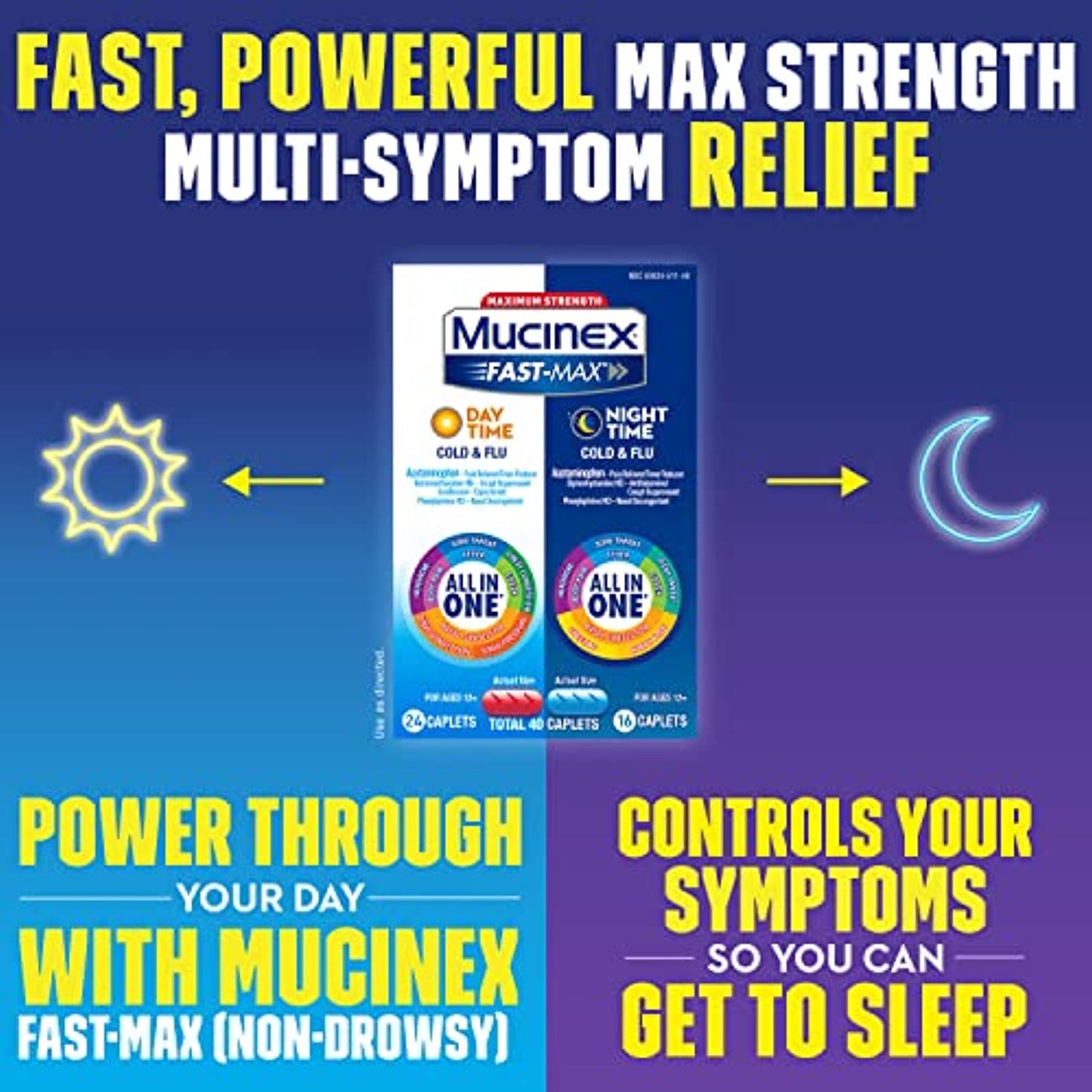 Mucinex Fast-Max Maximum Strength Cold & Flu Day and Night Medicine, 40 Count