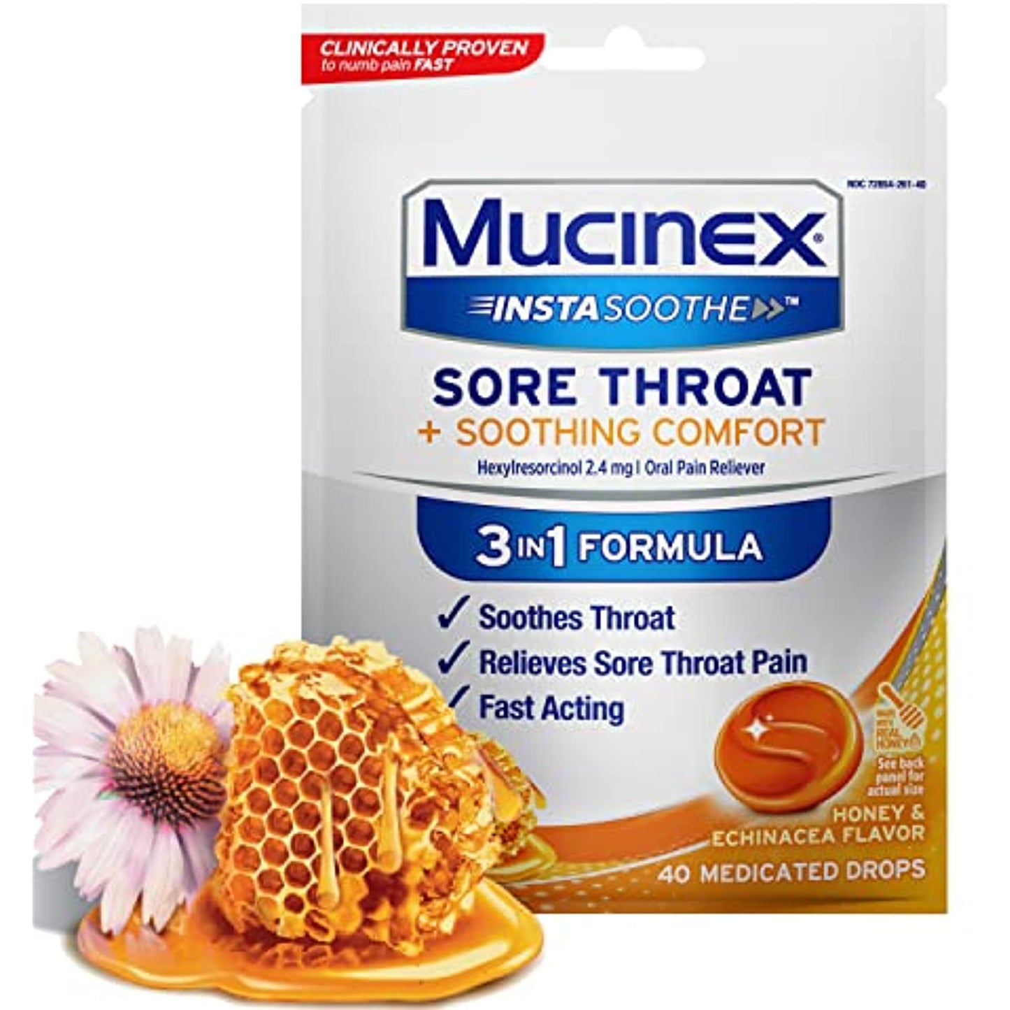 Mucinex InstaSoothe Sore Throat + Soothing Comfort Honey & Echinacea Flavor, Fast Acting, Powerful Sore Throat Oral Pain Reliever, 40 Medicated Drops