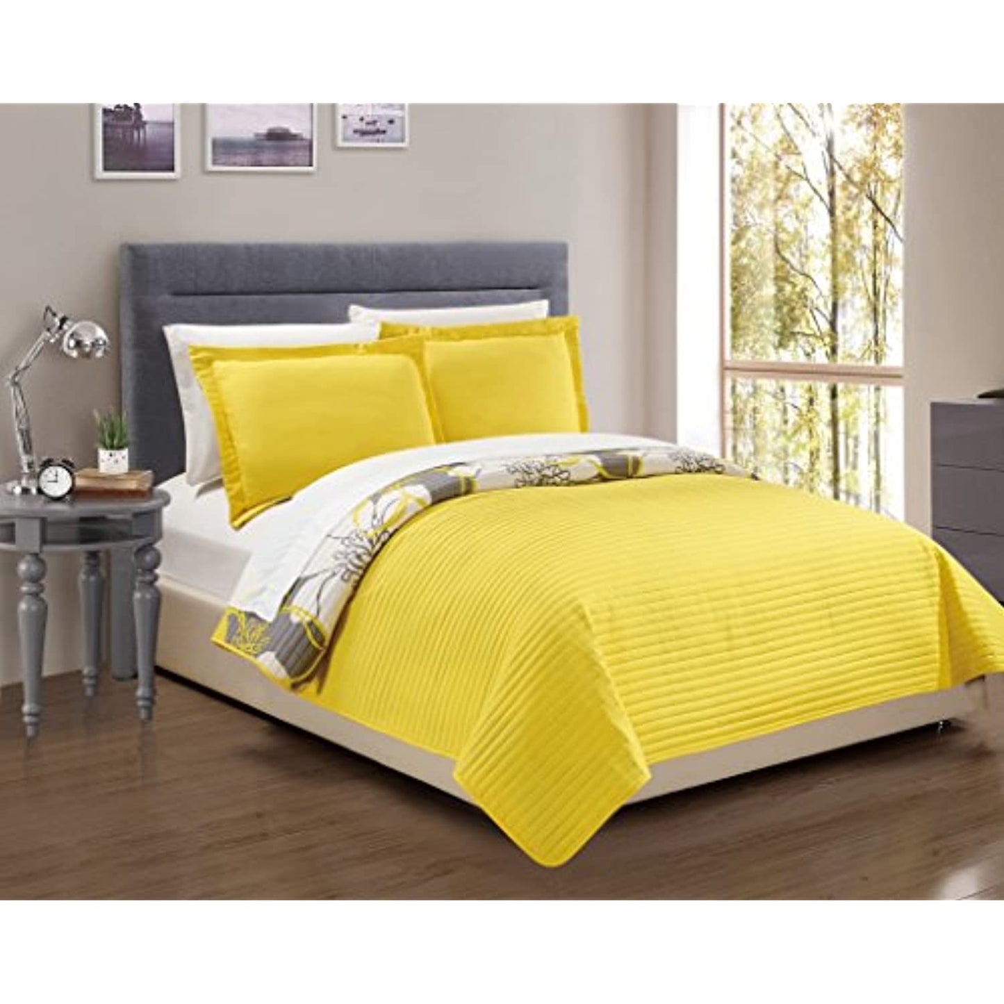 Chic Home Design, Woodside Heat Press Quilt Sets 1 quilt/ 2 shams, Floral Yellow