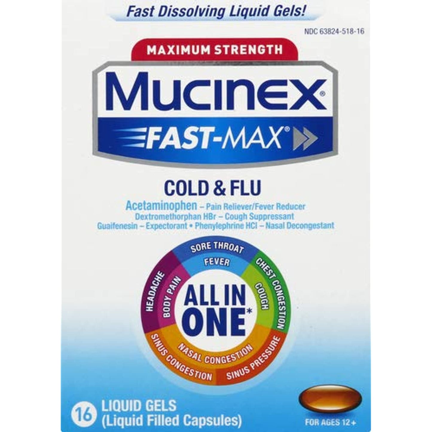 Mucinex Fast-Max Max Strength, Severe Cold Liquid Gels, 16ct