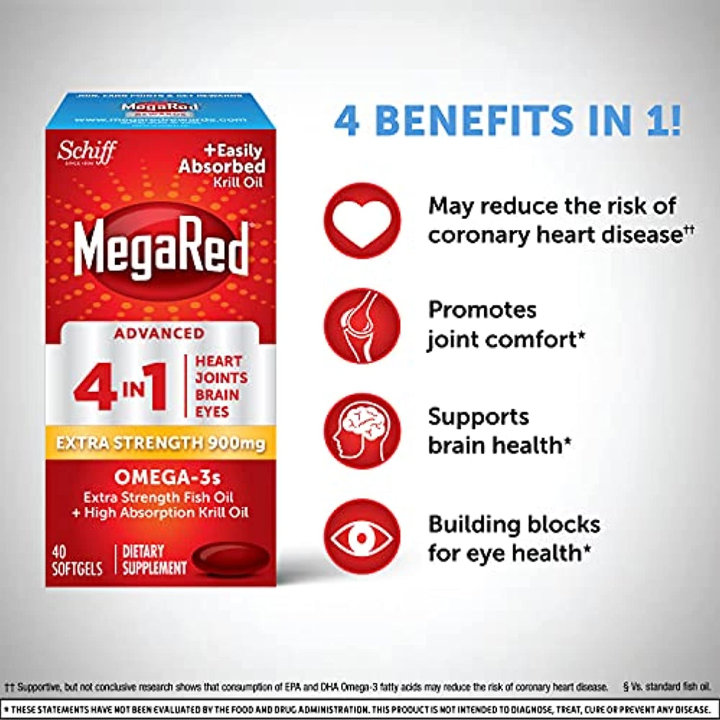 MegaRed Advanced 4in1 Softgels - Omega-3 Fish & Krill Oil Supplement 900mg (40 Count In A Box), 2x More Omega-3, Heart, Joint, Brain and Eye Supplement