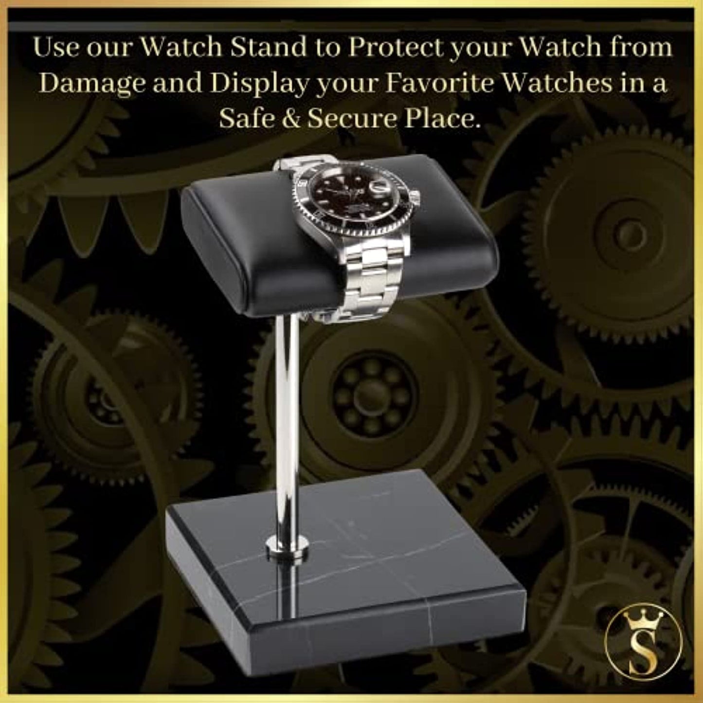 Watch Stand - Black Leather & Marble Watch Stand with Gift Box