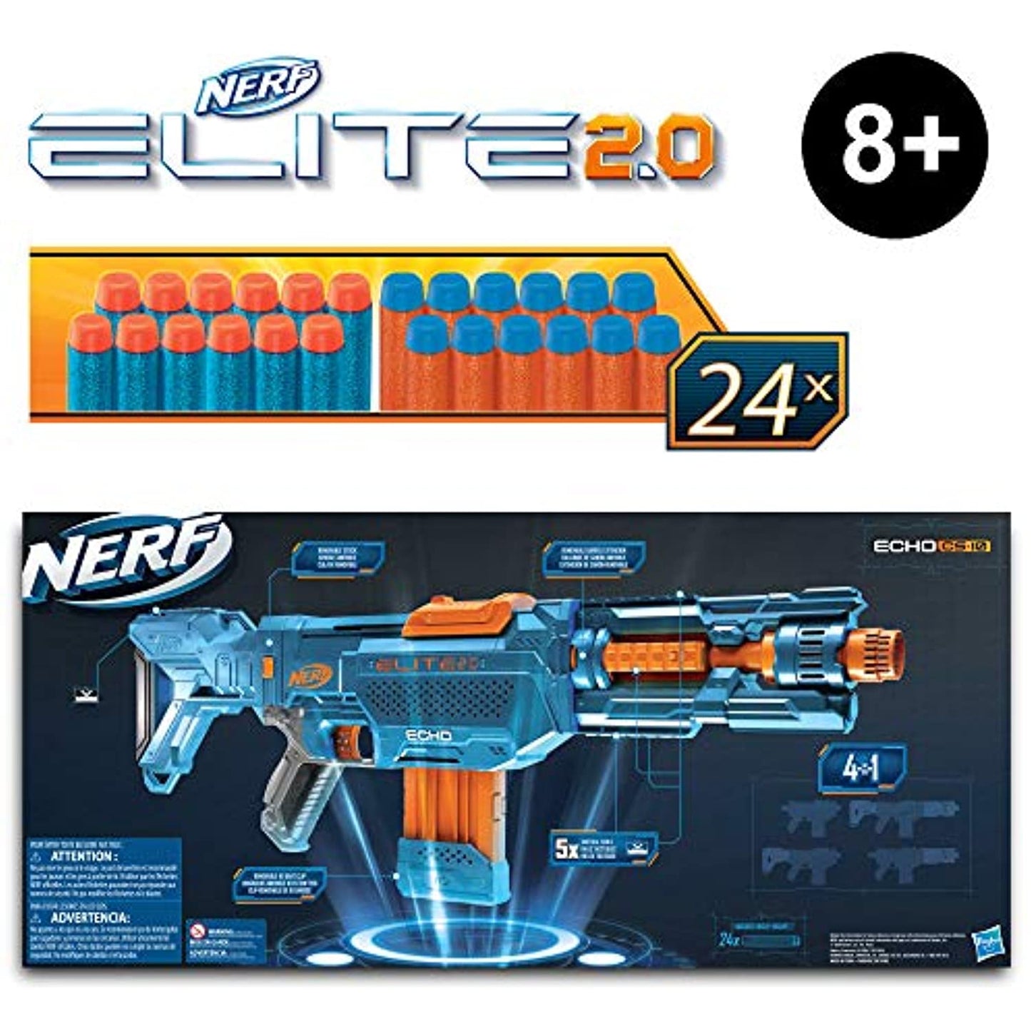 NERF Elite 2.0 Echo CS-10 Blaster -- 24 Official Darts, 10-Dart Clip, Removable Stock and Barrel Extension, 5 Tactical Rails