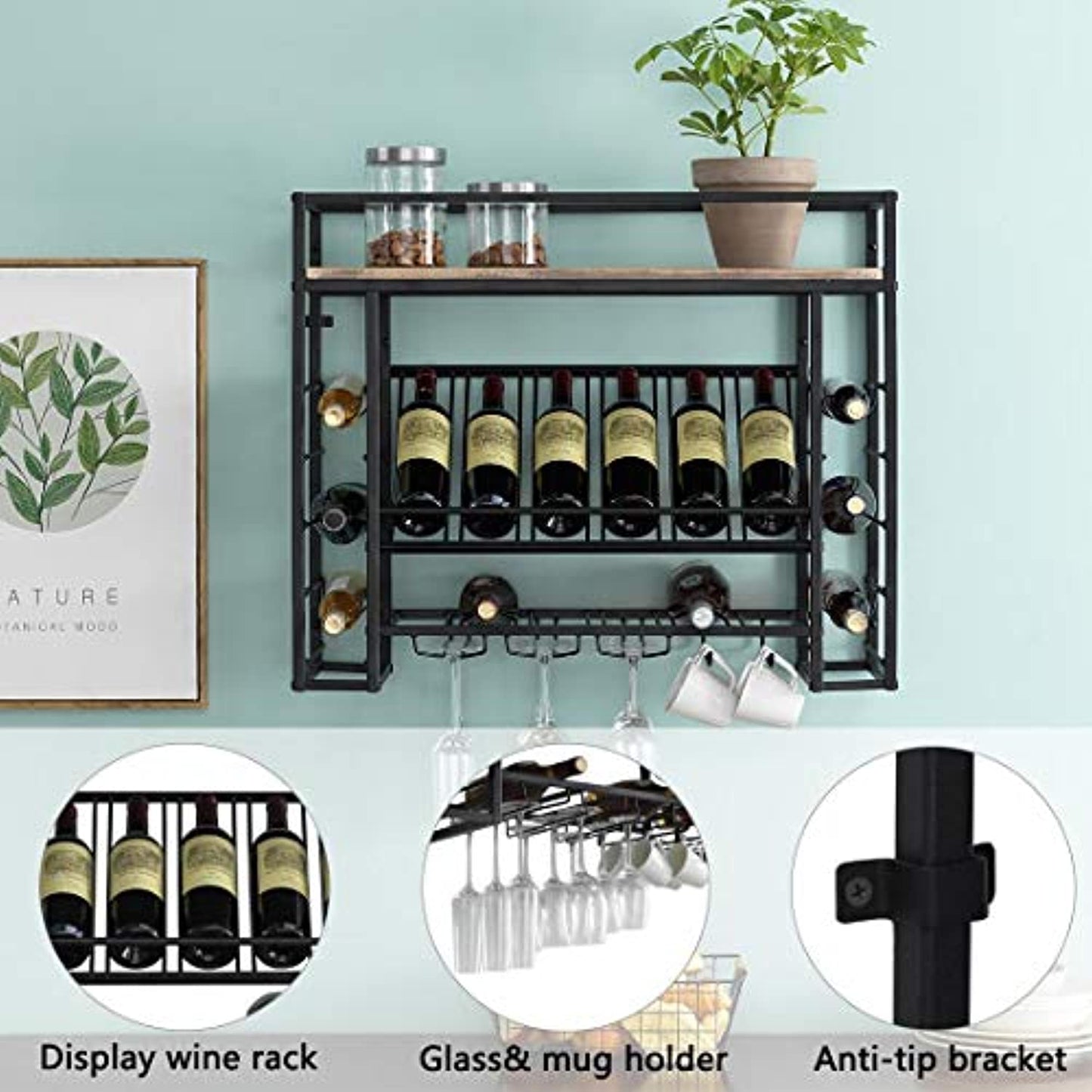 O&K FURNITURE WALL WINE RACK/ MUG HOLDER Brown