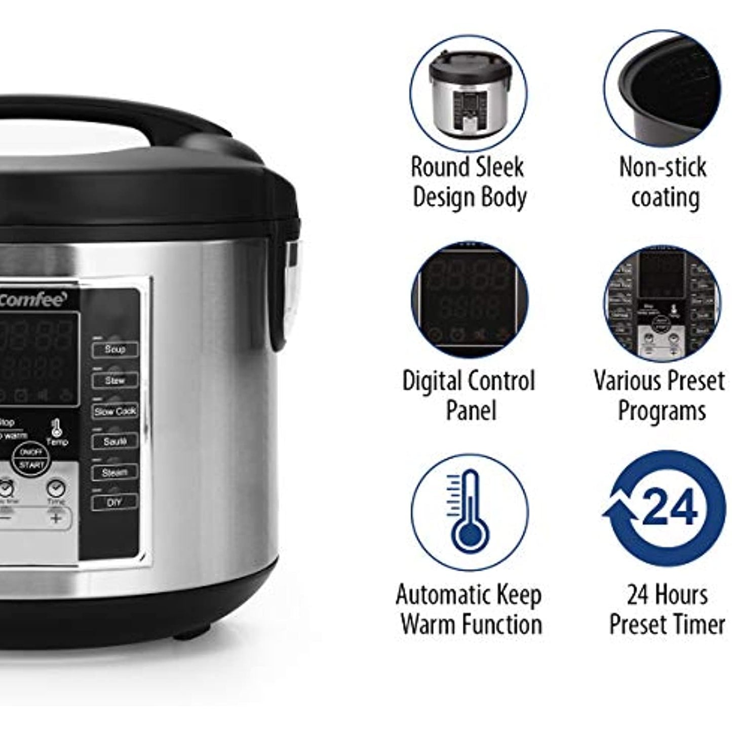 COMFEE' Rice Cooker Slow Cooker Steamer Stewpot Saute All in One 12 Digital C...