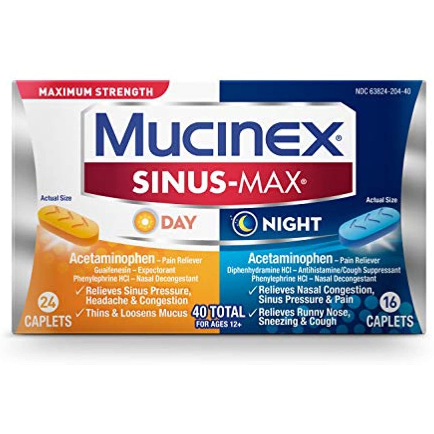 Mucinex Sinus-Max Maximum Strength Day and Night, Sinus Symptom Relief, 40 Count