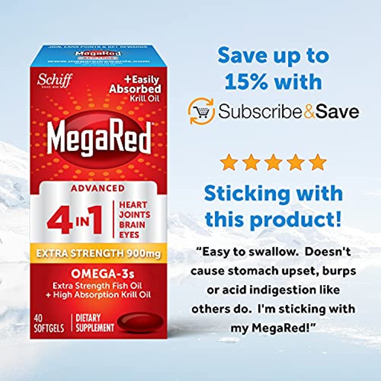 MegaRed Advanced 4in1 Softgels - Omega-3 Fish & Krill Oil Supplement 900mg (40 Count In A Box), 2x More Omega-3, Heart, Joint, Brain and Eye Supplement