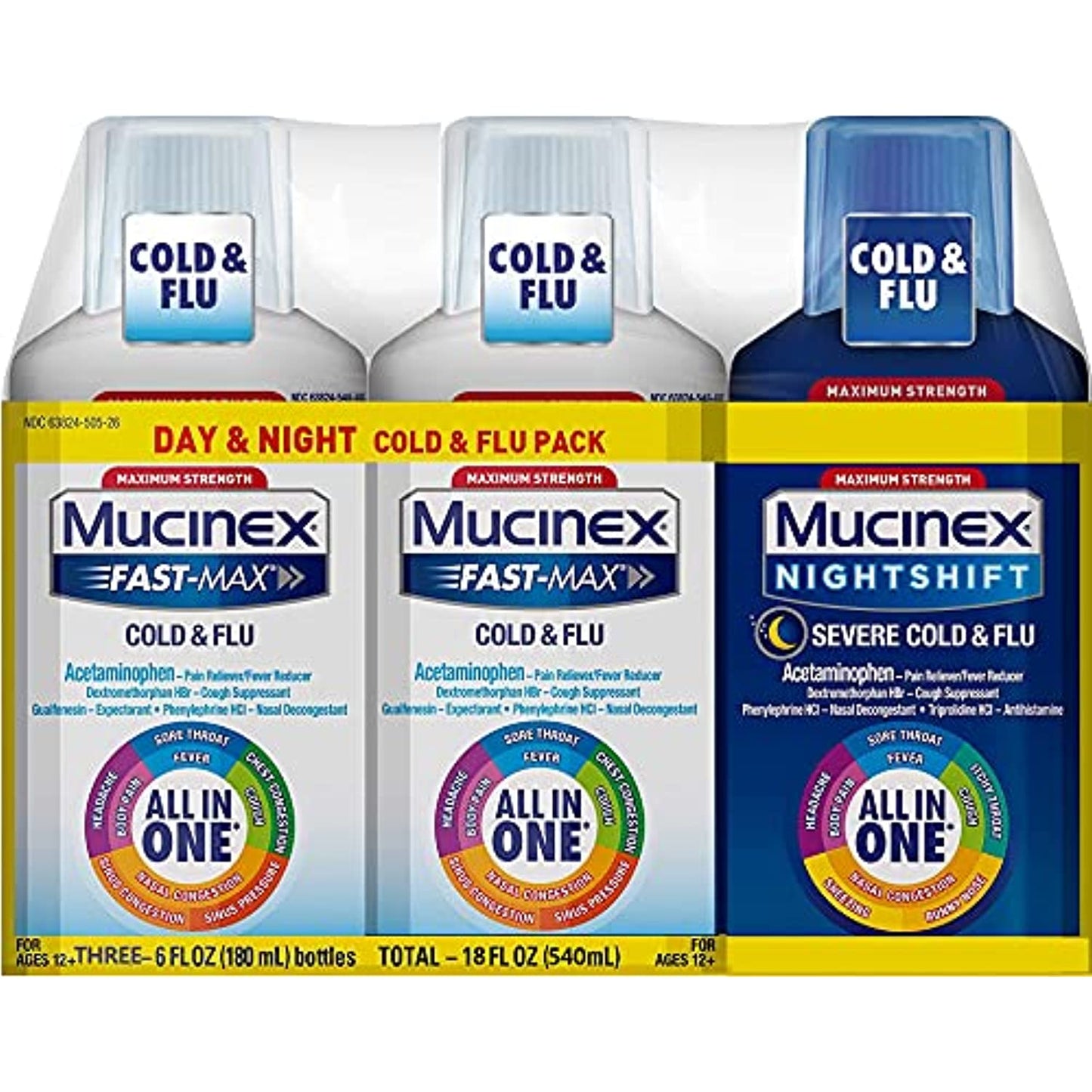 Mucinex Fast Max Cold &Flu & Night Shift Liquid 3 Bottles Variety Pack EXP07/22+