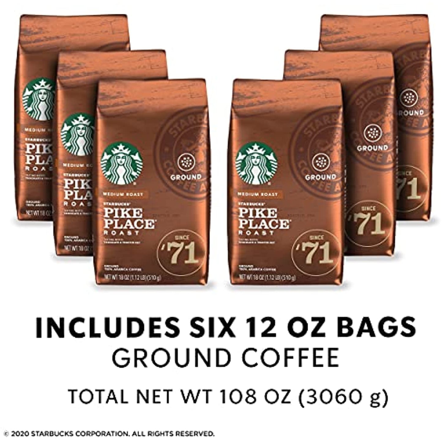 Starbucks Pike Place Medium Roast Ground Coffee, 6 bags, 6.75 Lbs. Total 10/2021