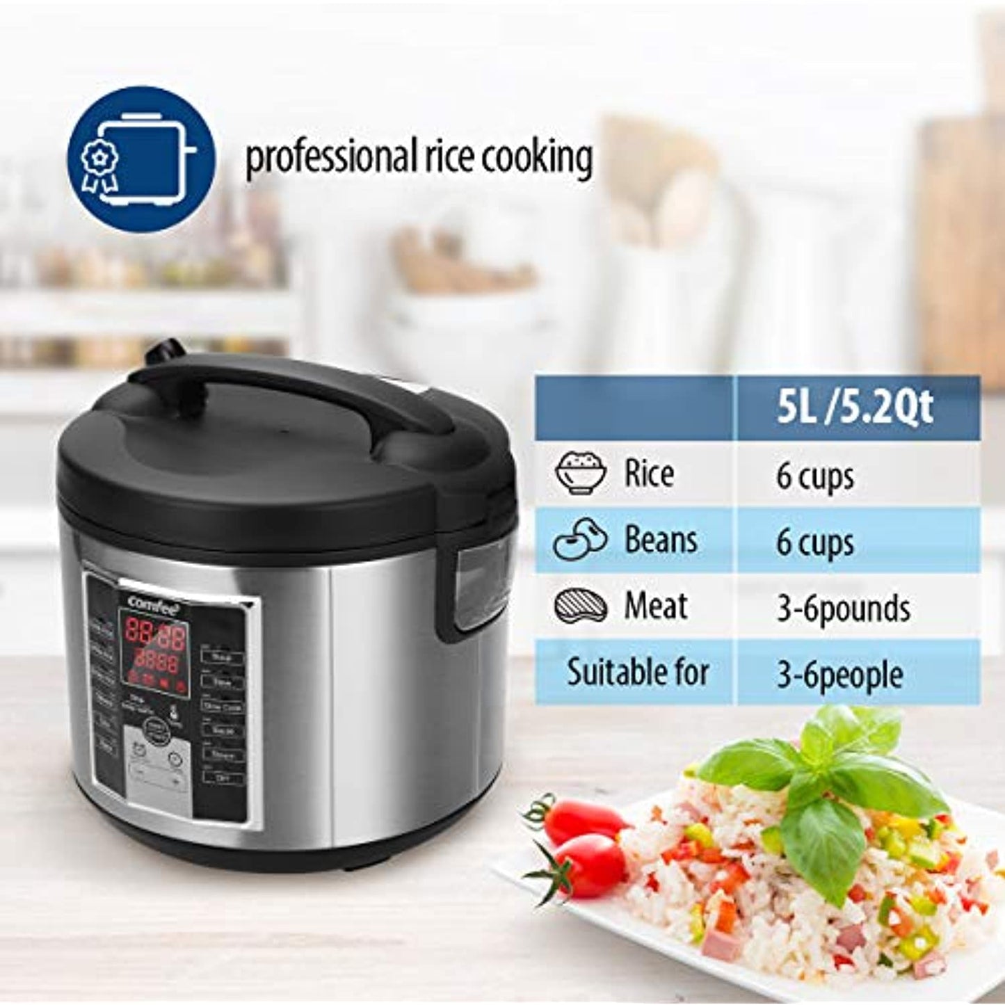 COMFEE' Rice Cooker Slow Cooker Steamer Stewpot Saute All in One 12 Digital C...